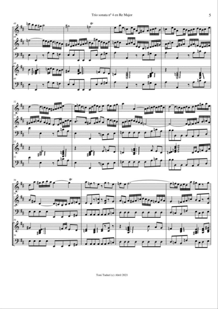 Trio sonata nº4 in D Major for flute, violin & cello or 2 violins & cello and basso continuo (SCORE Small Ensemble scores gallery preview page 5