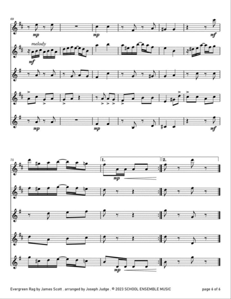 Evergreen Rag by James Scott for Saxophone Quartet in Schools image number null