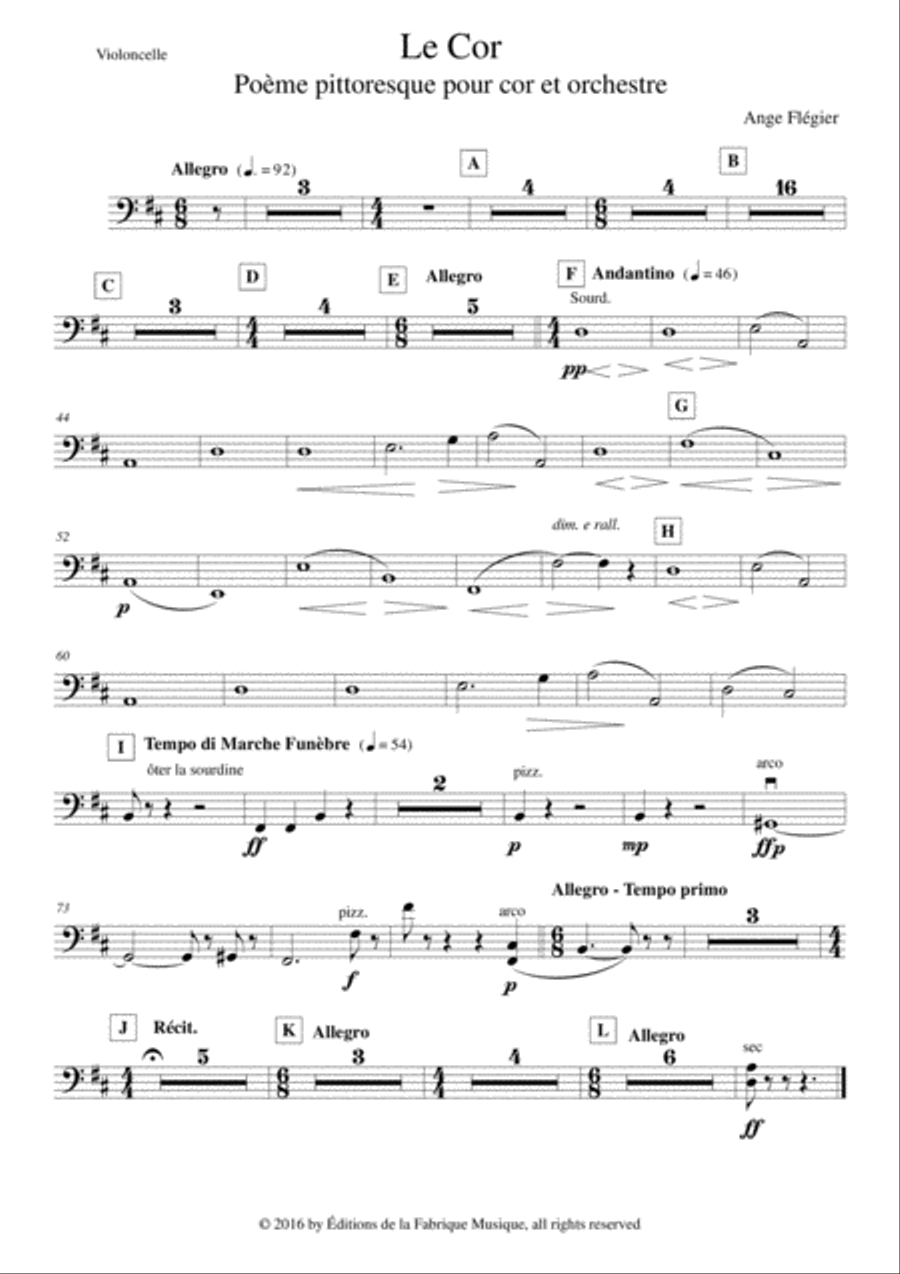Ange Flégier: Le Cor for horn and orchestra, violoncello part Full Orchestra scores gallery preview page 1