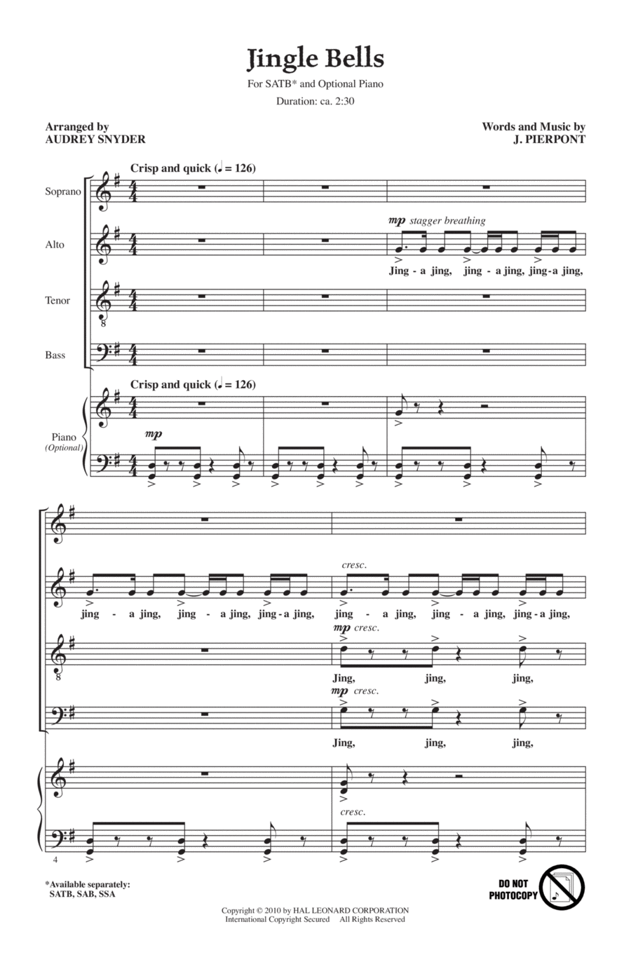 Jingle Bells Jingle Bells 4-Part scores gallery preview page 1