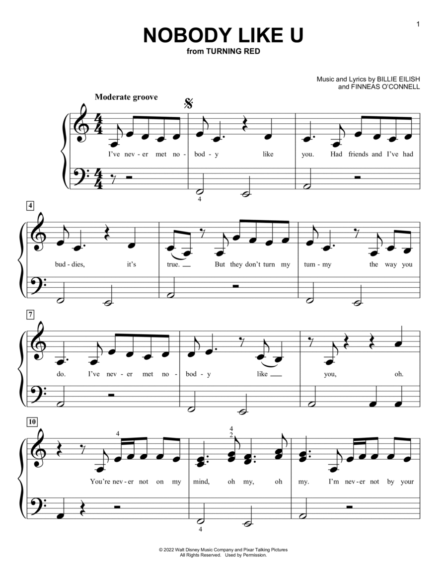 Nobody Like U (from Turning Red) Easy Piano scores gallery preview page 1