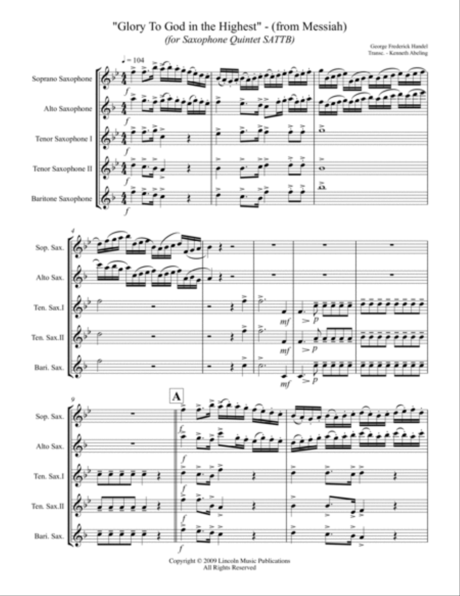 Handel – Glory to God in the Highest from Messiah (for Saxophone Quintet SATTB) Saxophone Quintet scores gallery preview page 2