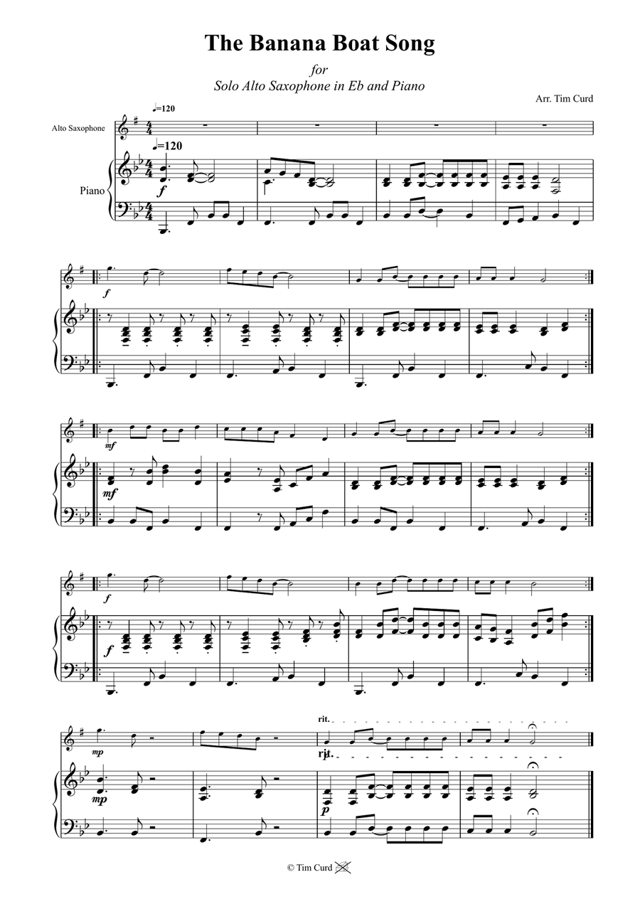 The Banana Boat Song. For Solo Alto Saxophone and Piano Alto Saxophone scores gallery preview page 2