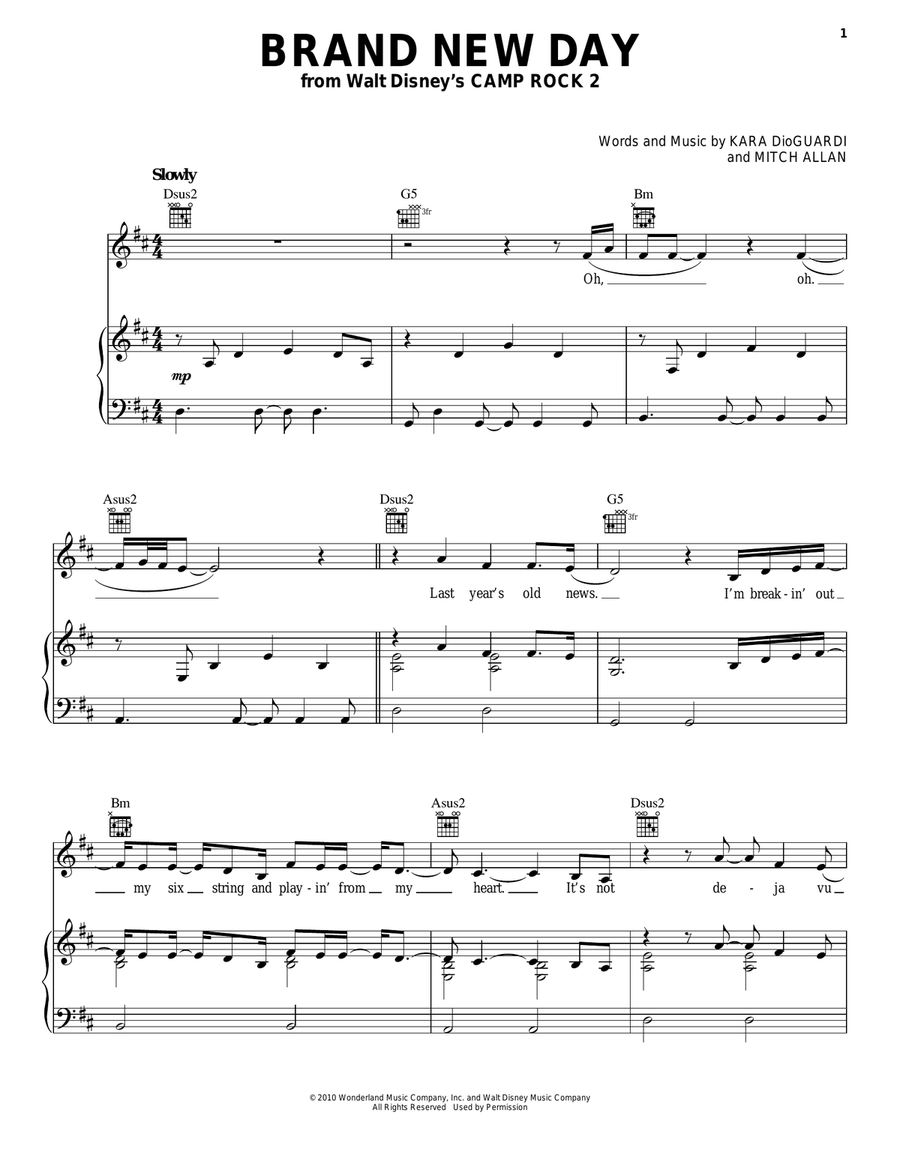 Brand New Day (from Camp Rock 2) Piano, Vocal, Guitar scores gallery preview page 1