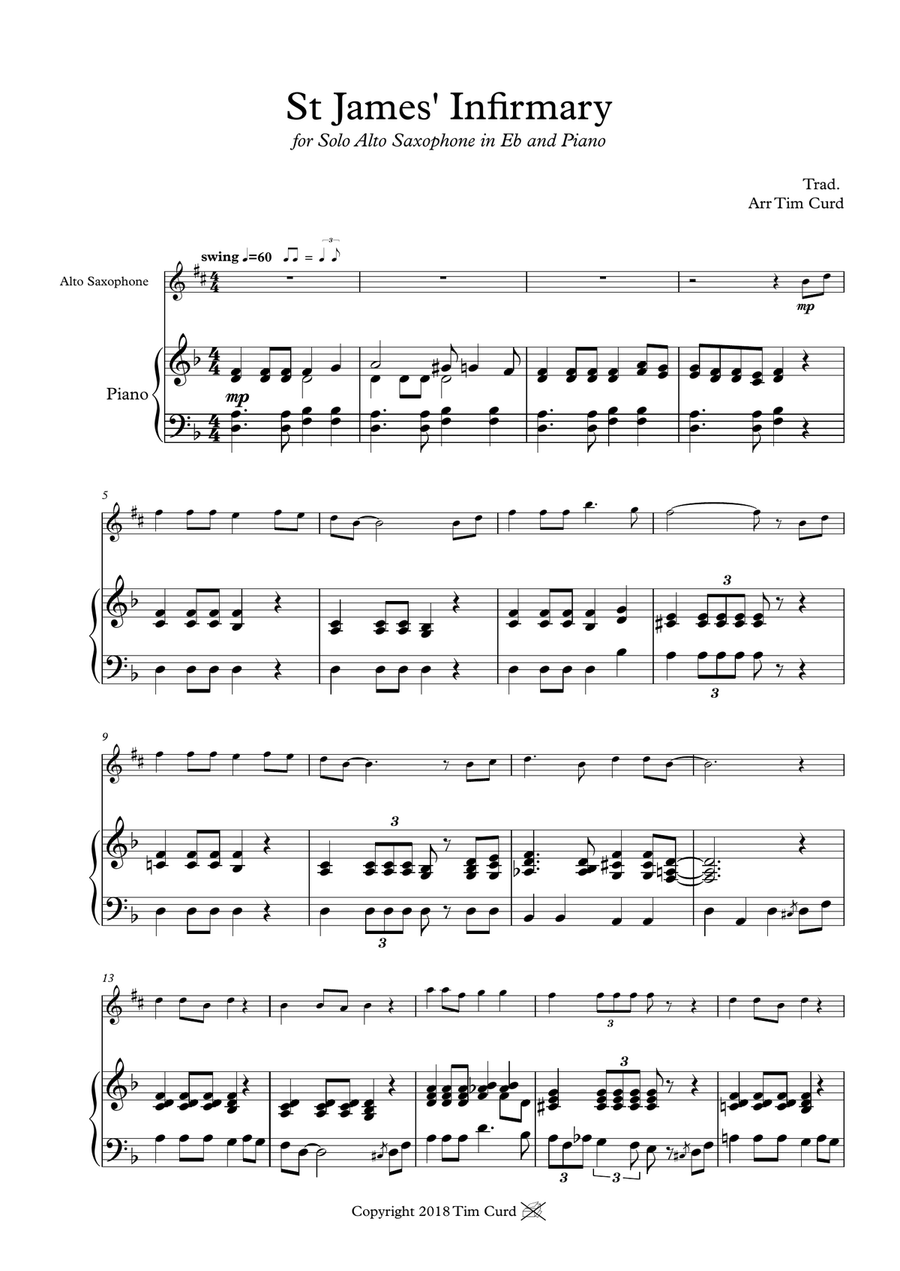 St James' Infirmary. for Solo Alto Sax and Piano Alto Saxophone scores gallery preview page 1