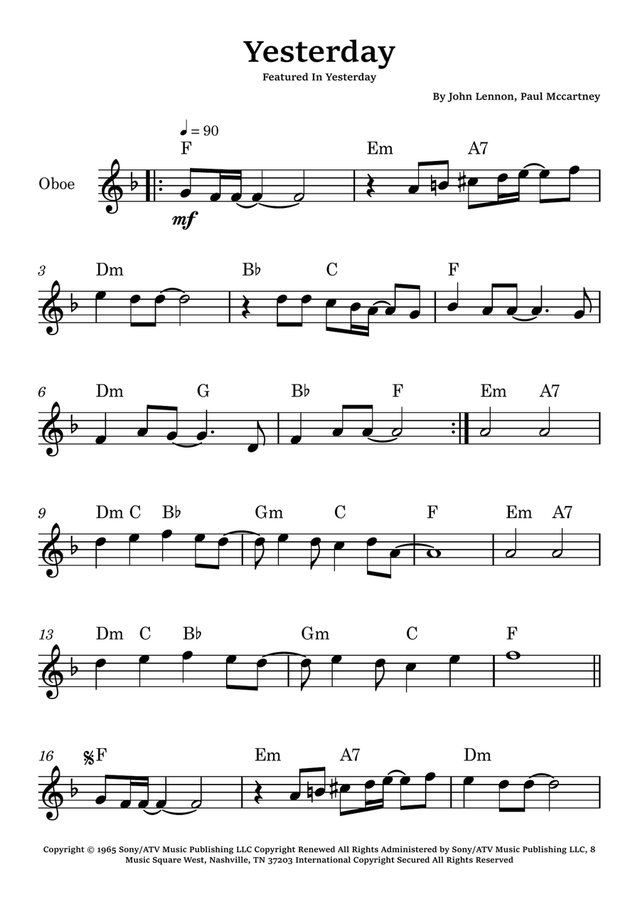 Yesterday Oboe Solo scores gallery preview page 1