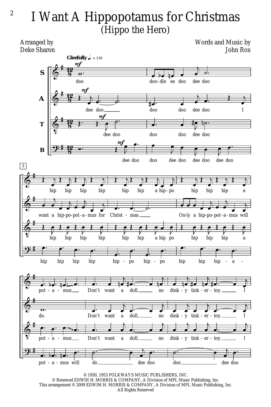 I Want A Hippopotamus For Christmas (Hippo The Hero) 4-Part scores gallery preview page 1