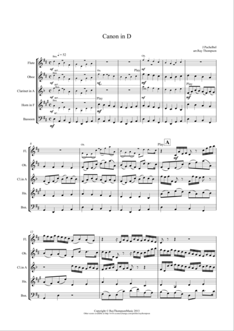 Pachelbel: Canon In D - wind quintet Woodwind Quintet scores gallery preview page 1