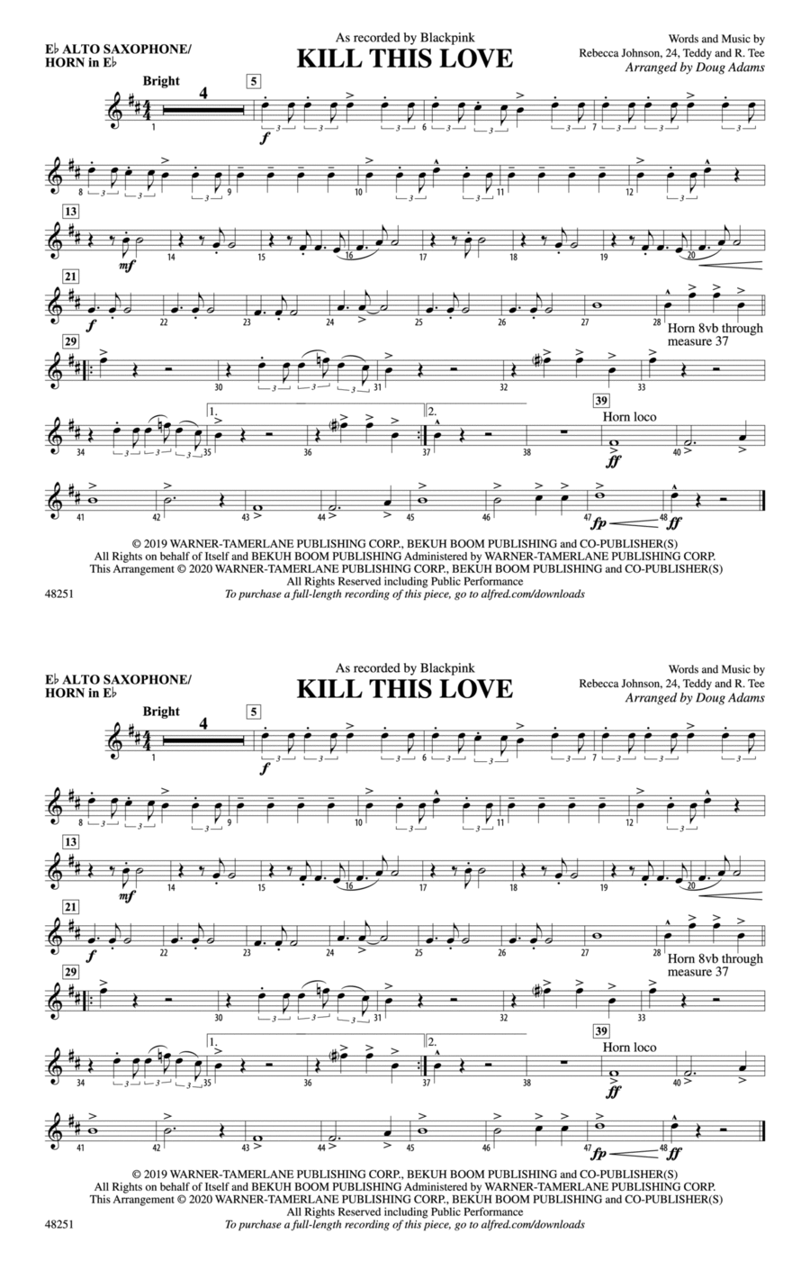 Kill This Love: E-flat Alto Saxophone Marching Band scores gallery preview page 1