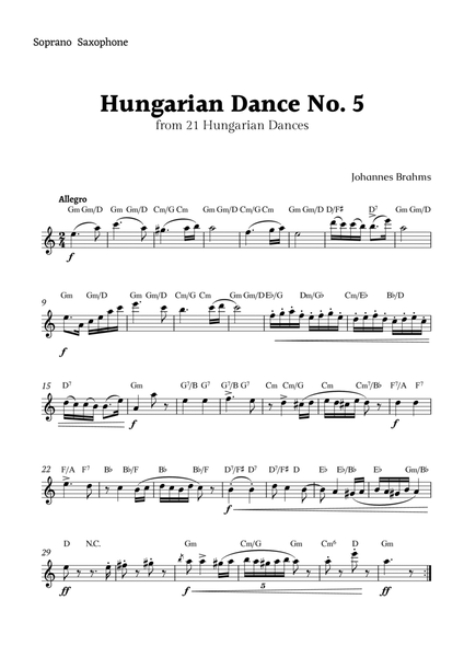 Hungarian Dance No. 5 by Brahms for Soprano Sax Solo image number null