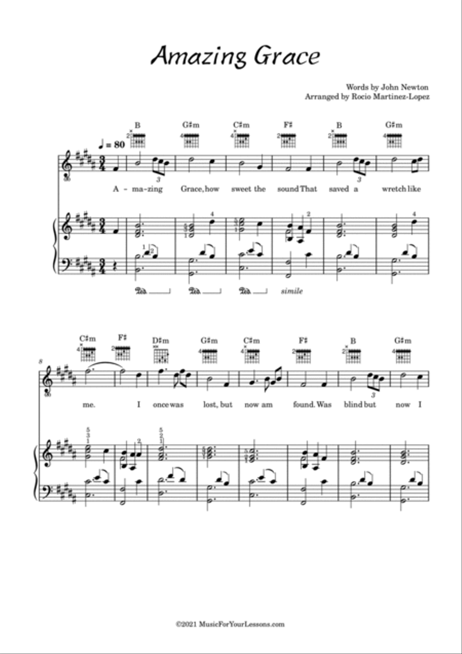 Amazing Grace in B Major ( Lead + Piano + Guitar TAB) Small Ensemble scores gallery preview page 2