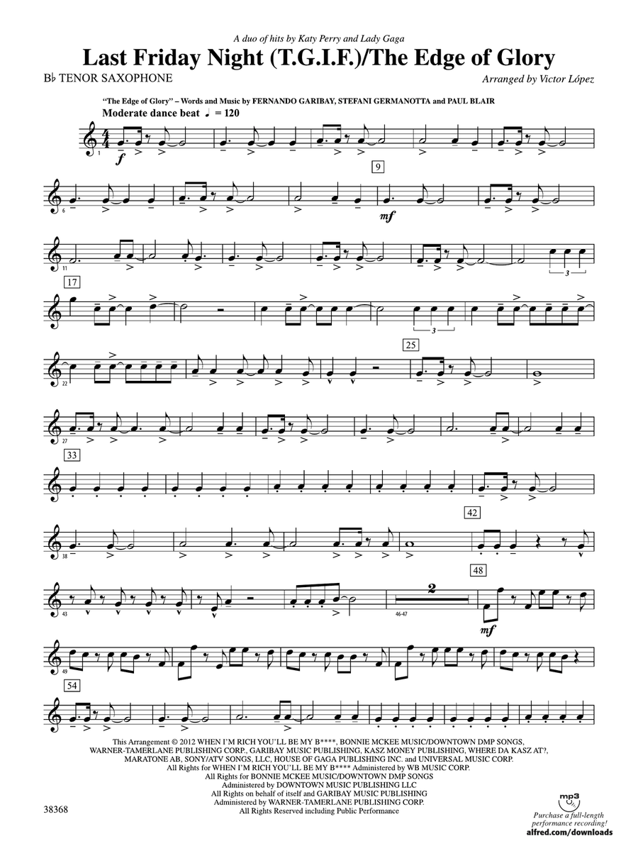 Last Friday Night (T.G.I.F) / The Edge of Glory: B-flat Tenor Saxophone