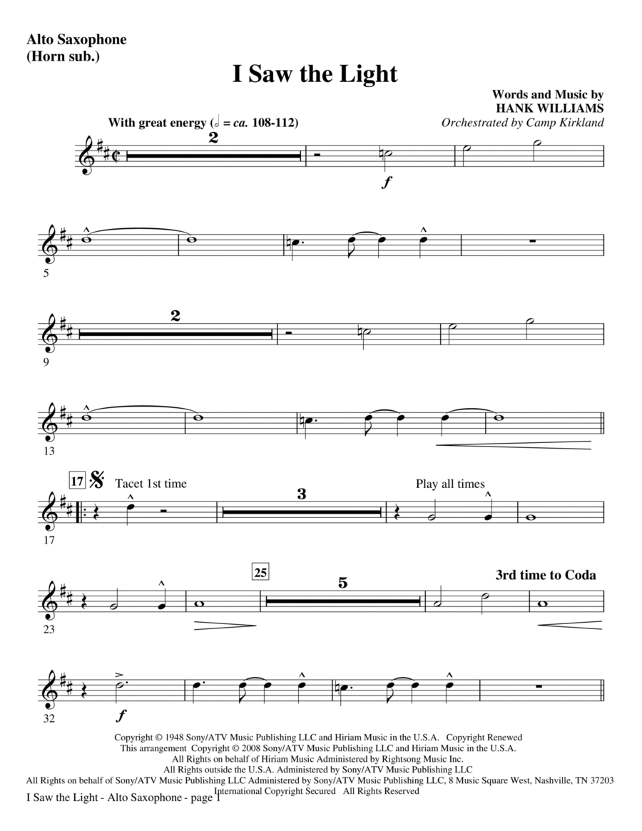 I Saw The Light - Alto Sax (Horn sub) Choir scores gallery preview page 1