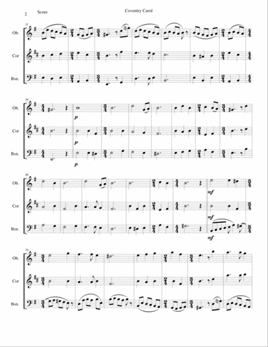 Coventry Carol for double-reed trio (oboe, cor anglais, bassoon) Woodwind Trio scores gallery preview page 2