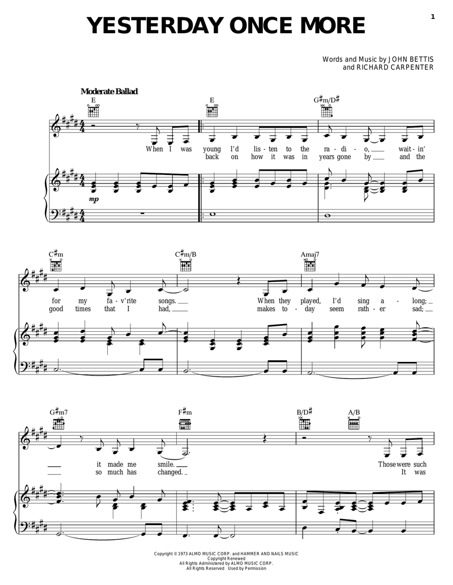 Yesterday Once More Piano, Vocal, Guitar scores gallery preview page 1
