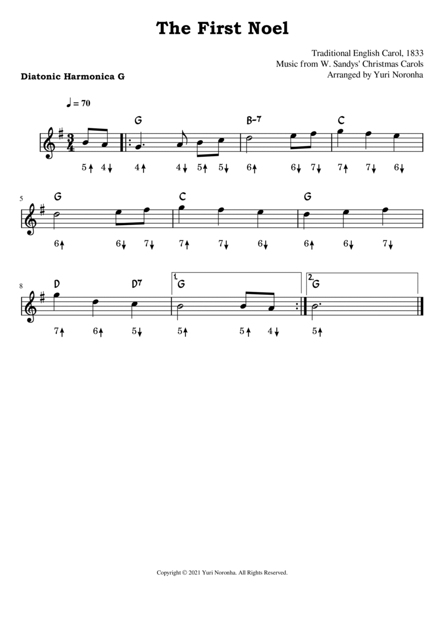 The First Noel - For Harmonica key G (Very Easy Christmas Carol) Harmonica scores gallery preview page 1