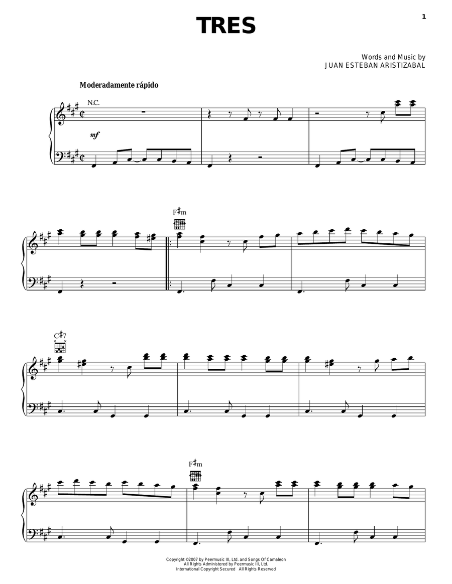 Tres Piano, Vocal, Guitar scores gallery preview page 1