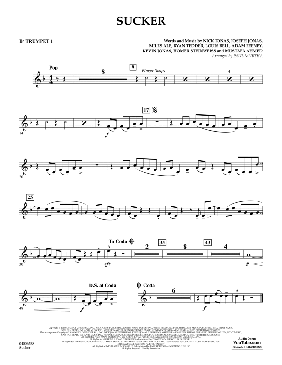 Sucker (arr. Paul Murtha) - Bb Trumpet 1 Concert Band scores gallery preview page 1