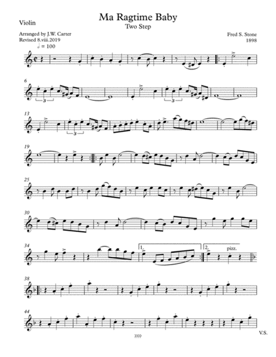 Ma Ragtime Baby, Two Step (1898), by Fred S. Stone, arranged for Flute & String Trio image number null