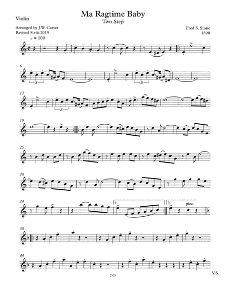 Ma Ragtime Baby, Two Step (1898), by Fred S. Stone, arranged for Flute & String Trio Small Ensemble scores gallery preview page 6