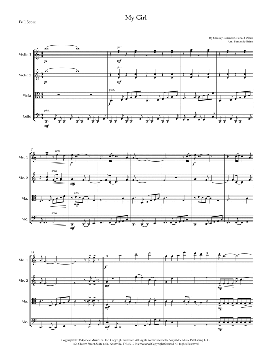 My Girl My Girl String Quartet scores gallery preview page 1