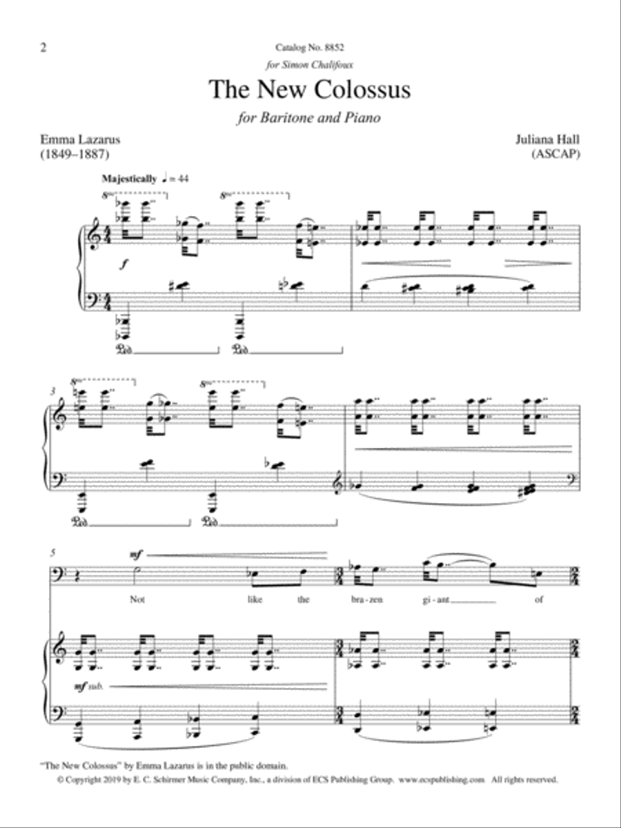 The New Colossus: Setting for Baritone and Piano of the Poem by Emma Lazarus Baritone Voice scores gallery preview page 2