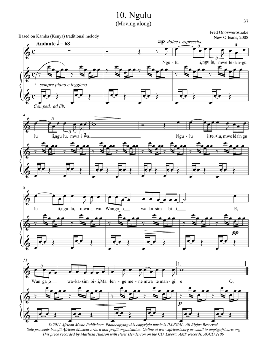 Twelve African Songs for Solo Voice and Piano - 10. NGULU (Moving Along) Voice Solo scores gallery preview page 1