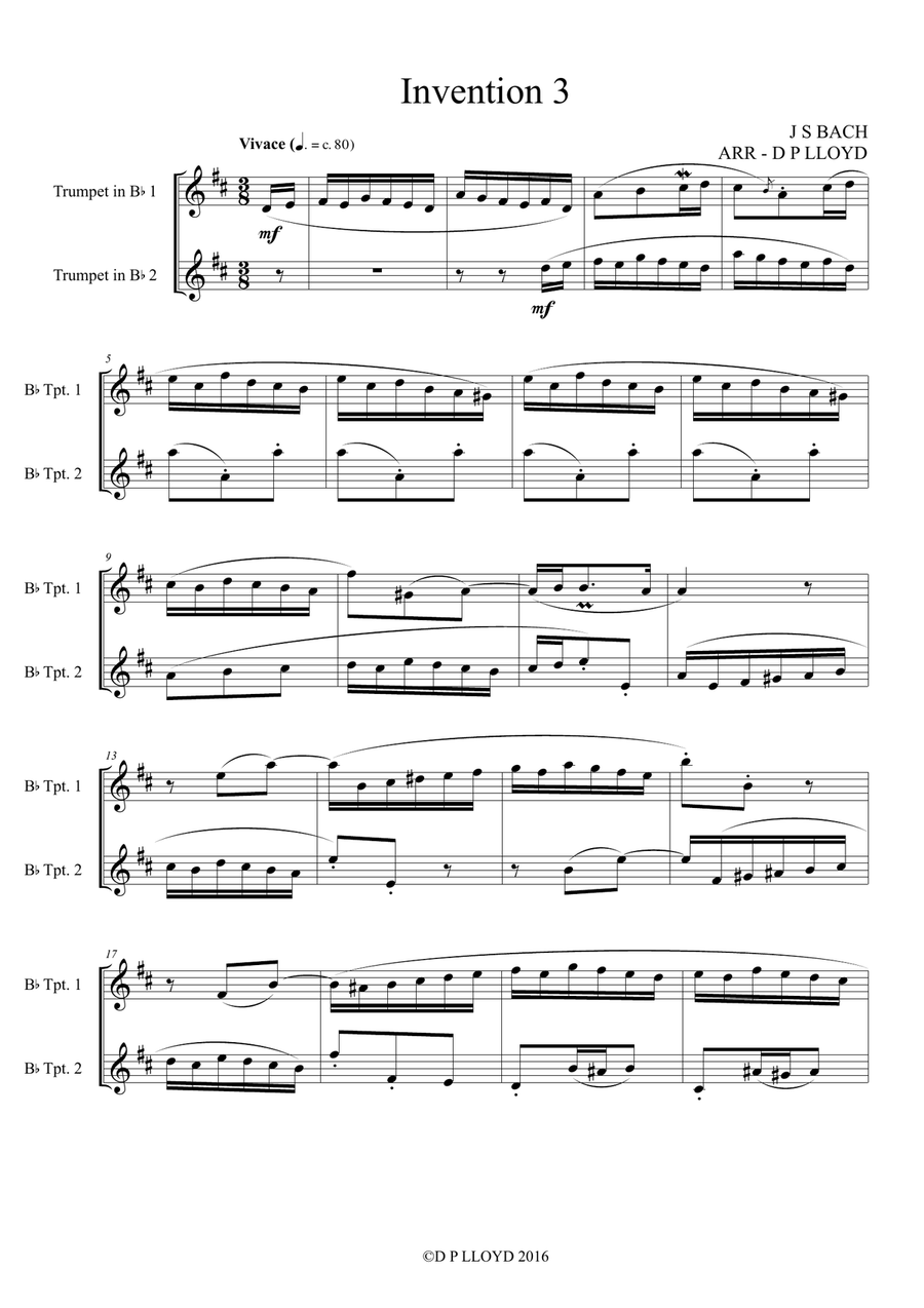 Trumpet duets. Five Bach keyboard Inventions for 2 Trumpets. Trumpet Duet scores gallery preview page 5