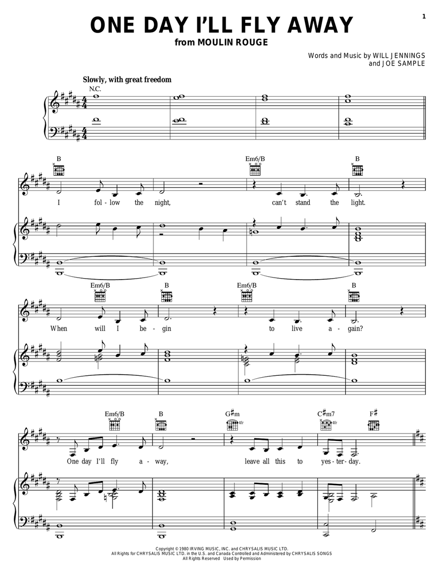One Day I'll Fly Away (from Moulin Rouge) Piano, Vocal, Guitar scores gallery preview page 1