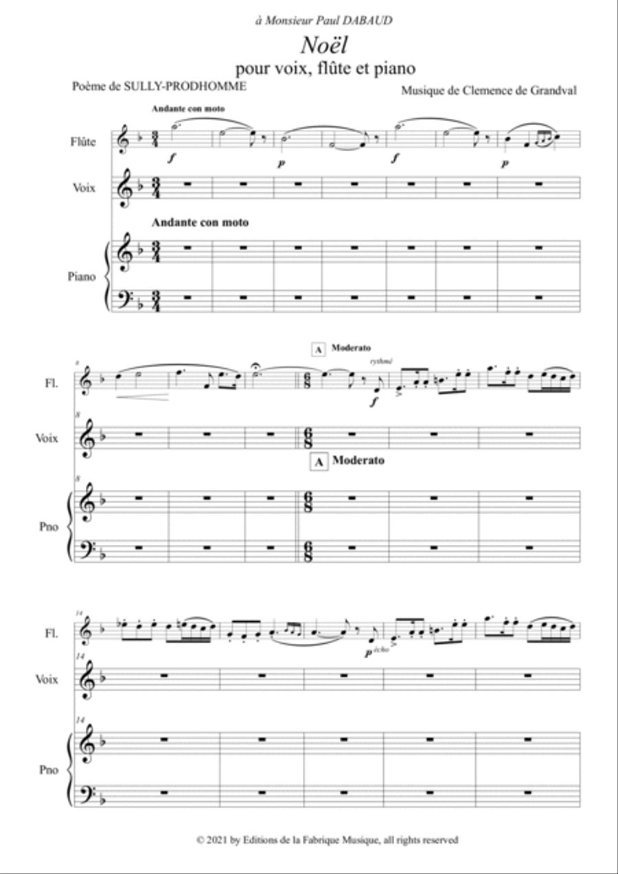Clemence de Grandval : Noel for voice, flute and piano Flute scores gallery preview page 3