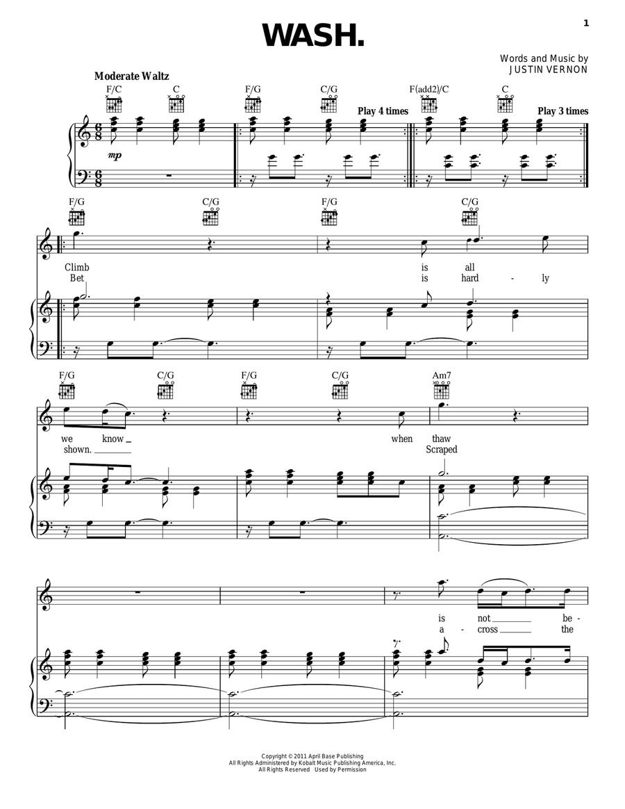 Wash. Piano, Vocal, Guitar scores gallery preview page 1