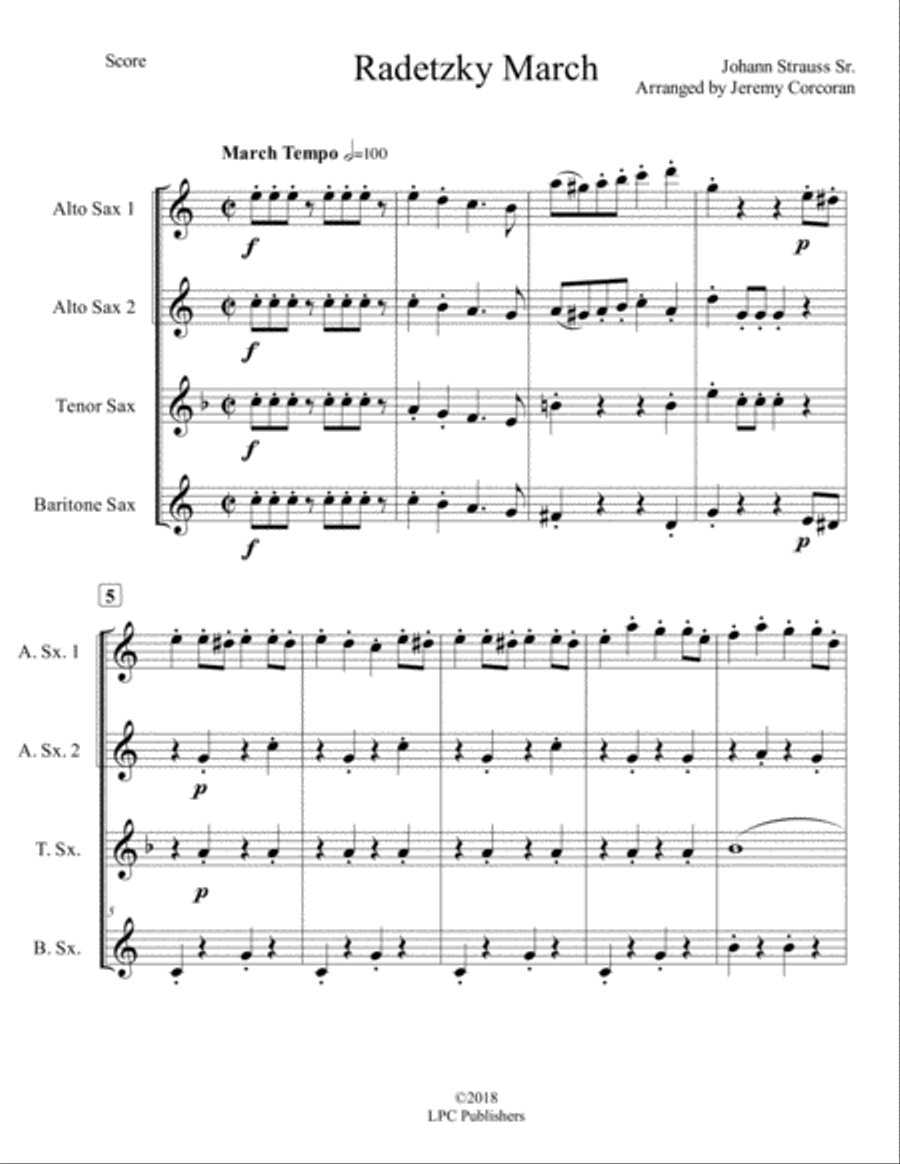 Radetzky March for Saxophone Quartet (SATB or AATB) Saxophone Quartet scores gallery preview page 2