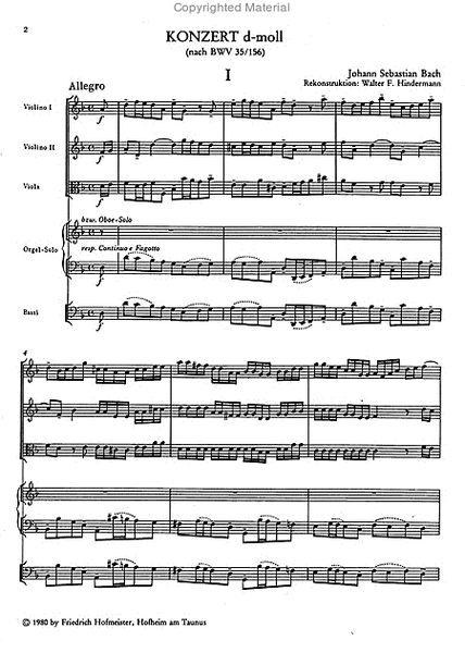 Konzert d-Moll fur Orgel oder Solo-Oboe und Streichorchester (nach BWV 35/156)