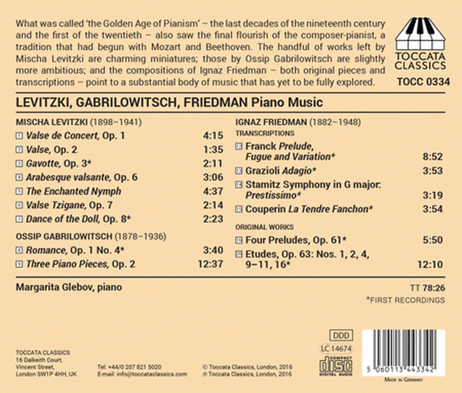 Gabrilowitsch, Levitzki & Friedman: Original Works & Transcriptions for Solo Piano