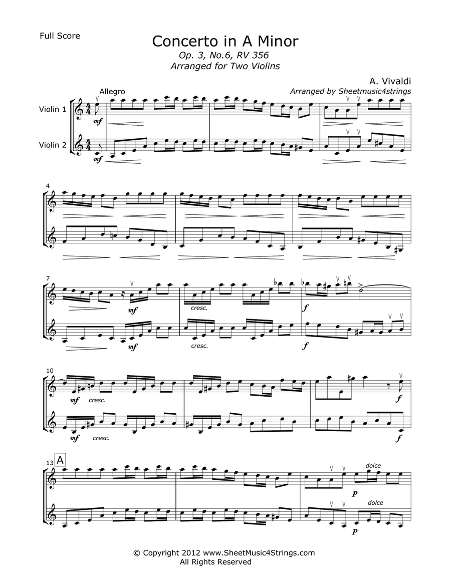 Vivaldi, A. - Concerto in A Minor Mvt. 1 for Two Violins String Duet scores gallery preview page 1