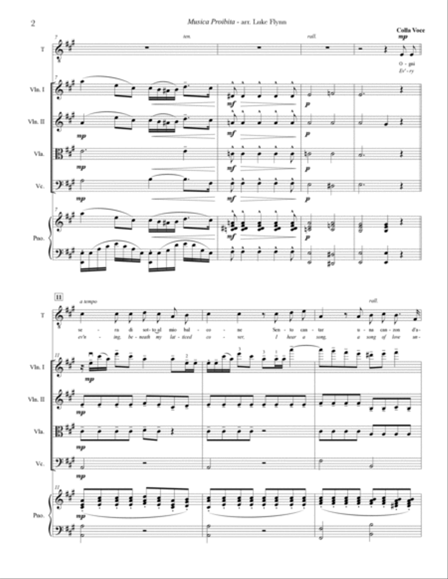 Musica Proibita for Tenor Voice, String Quartet, and Piano Small Ensemble scores gallery preview page 4