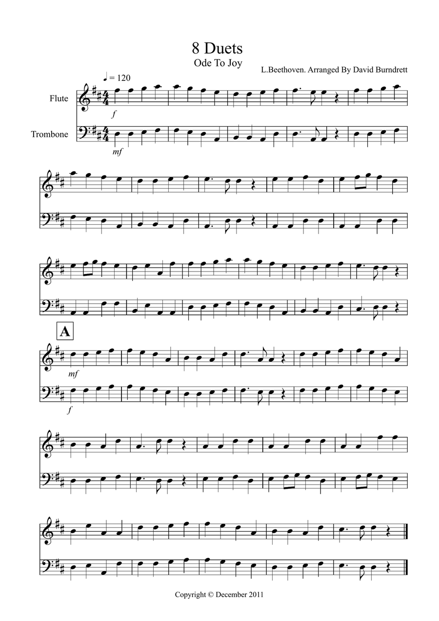 8 Easy Duets for Flute and Trombone Flute scores gallery preview page 1