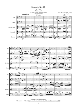 Book cover for Mozart: Serenade No.12 in C minor "Nachtmusik" K388 Mvt.II Andante - wind quintet