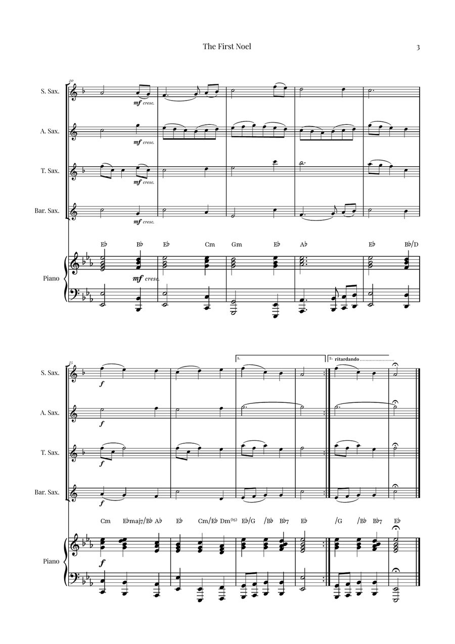 The First Noel | BEAUTIFUL Christmas Classic Saxophone Quartet scores gallery preview page 3