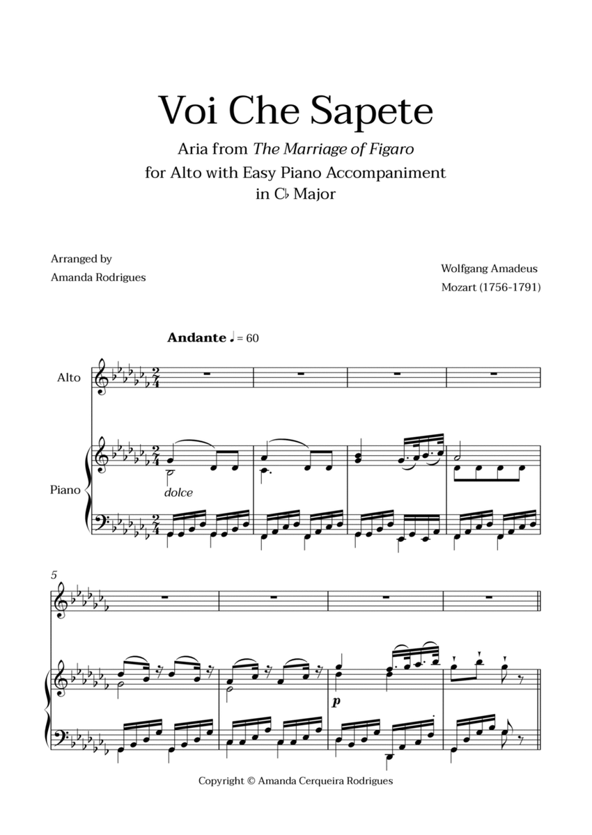 Voi Che Sapete from "The Marriage of Figaro" - Easy Alto and Piano Aria Duet in Cb Major image number null