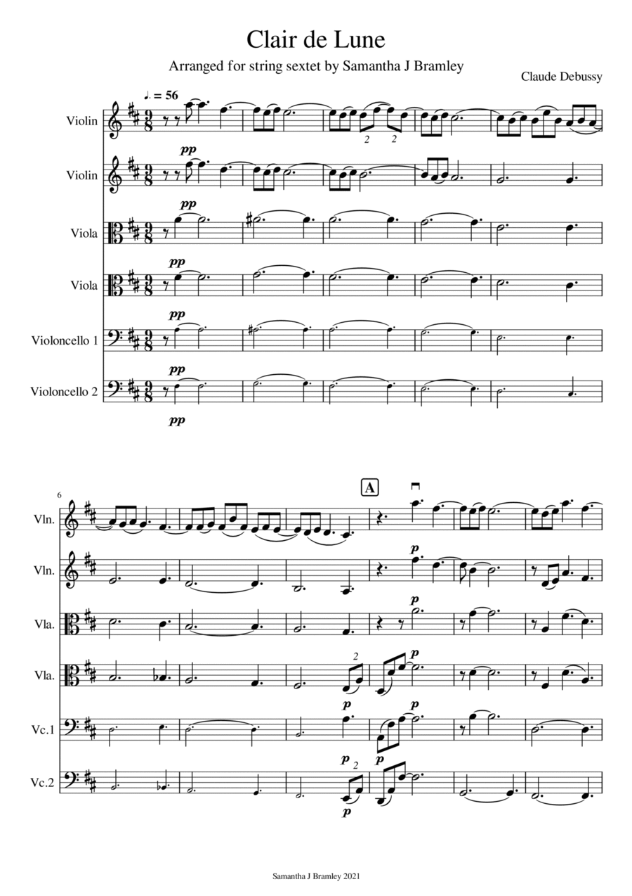 Clair de Lune by Claude Debussy for string sextet Cello scores gallery preview page 1