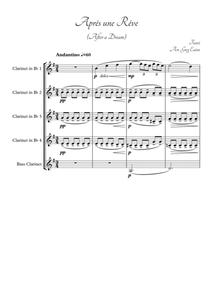 Fauré - Aprés un Réve (After a Dream) - Arr. for Clarinet Quintet - by Greg Eaton image number null