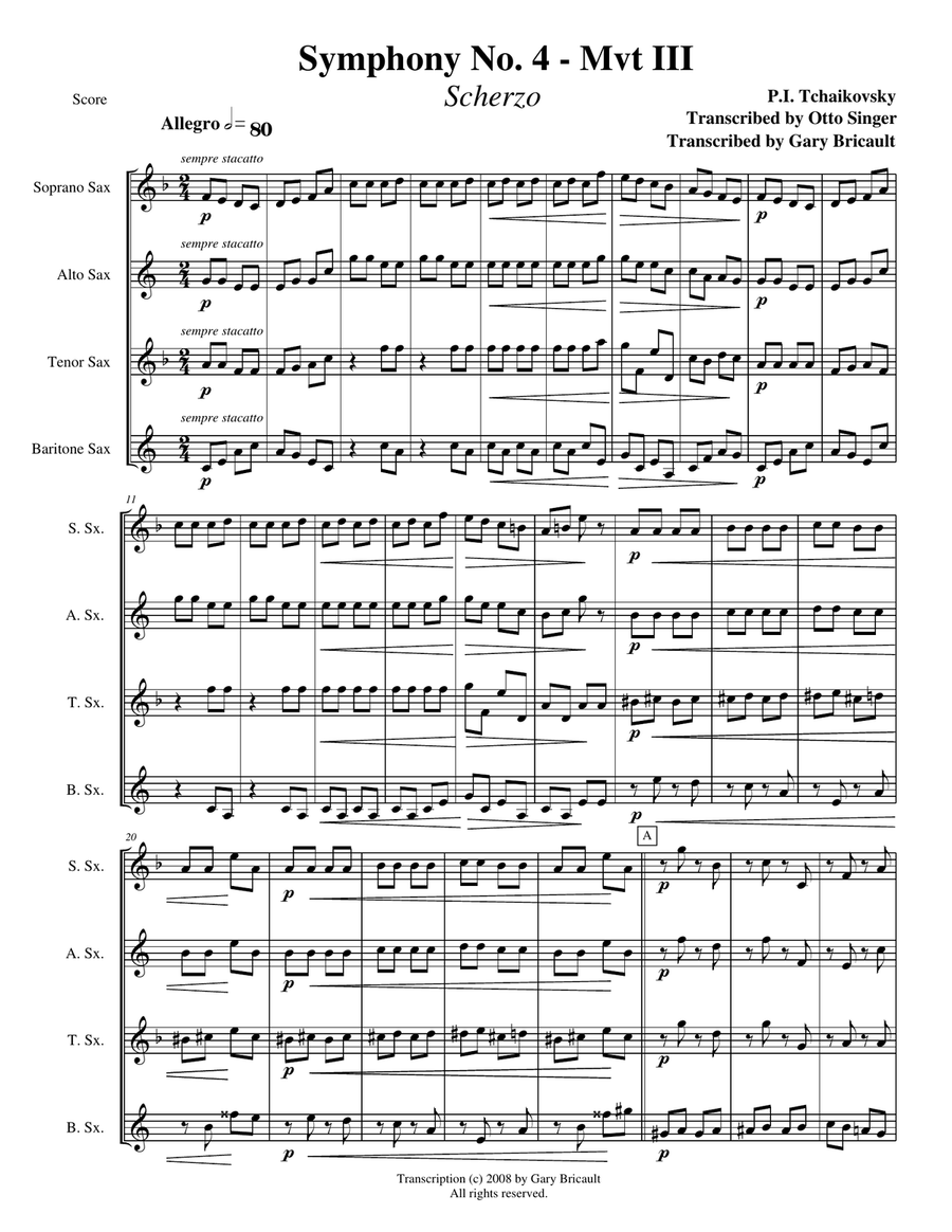 Scherzo (Mvt III) from Symphony No. 4 Saxophone Quartet scores gallery preview page 2