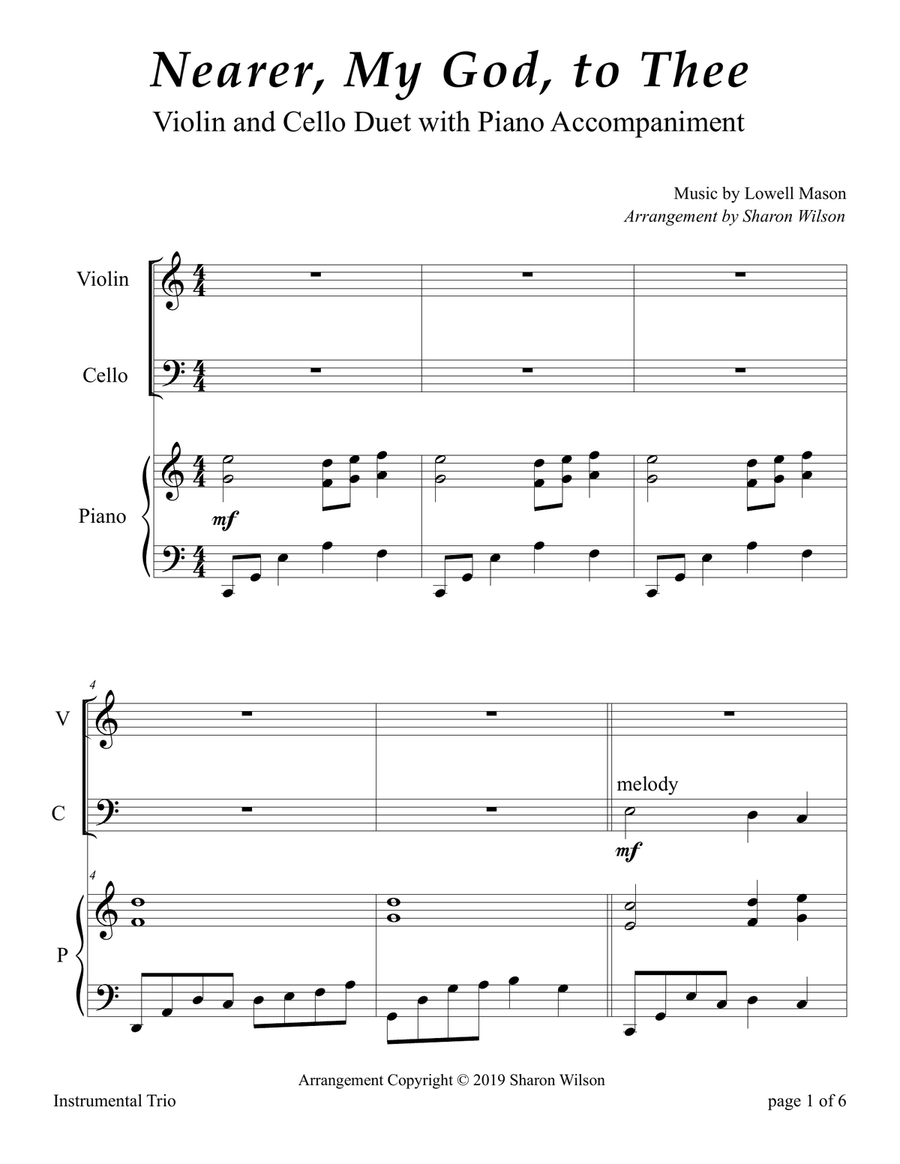 Nearer, My God, to Thee (Easy Violin and Cello Duet with Piano Accompaniment) Piano Trio scores gallery preview page 4