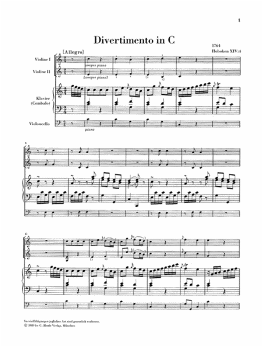 Divertimenti for Piano (Cembalo) with 2 Violins and Violoncello Cello scores gallery preview page 2