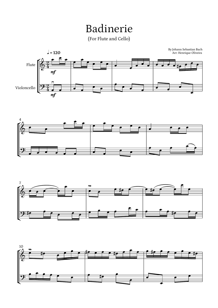 Badinerie by J. S. Bach (For Flute and Cello) Chamber Music scores gallery preview page 1