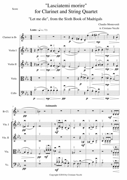 "Lasciatemi morire" for Clarinet and String Quartet image number null
