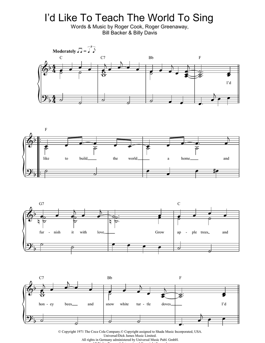 I'd Like To Teach The World To Sing Easy Piano scores gallery preview page 1