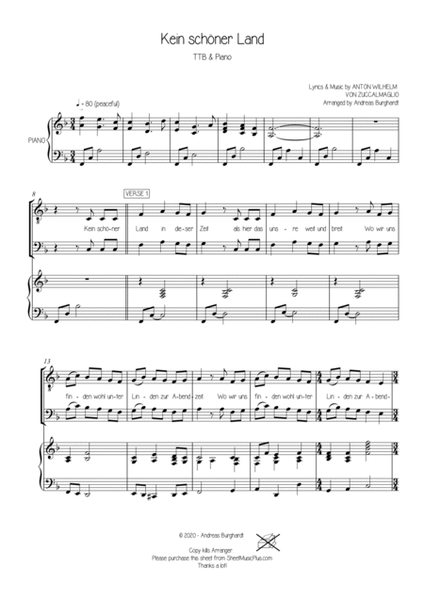 Kein schöner Land (for Choir TTB & Piano) - German Folk Song