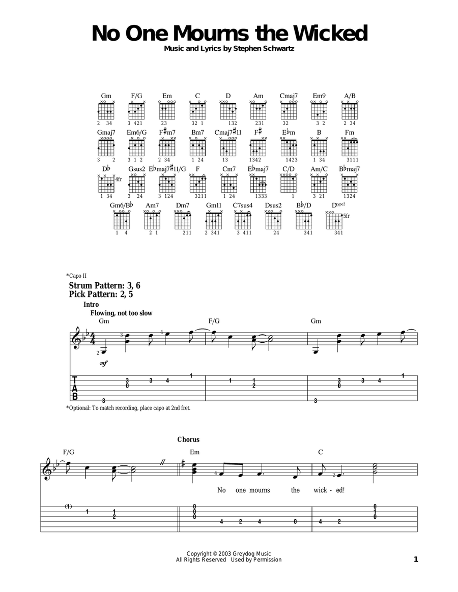 No One Mourns The Wicked (from Wicked) Guitar Tablature scores gallery preview page 1